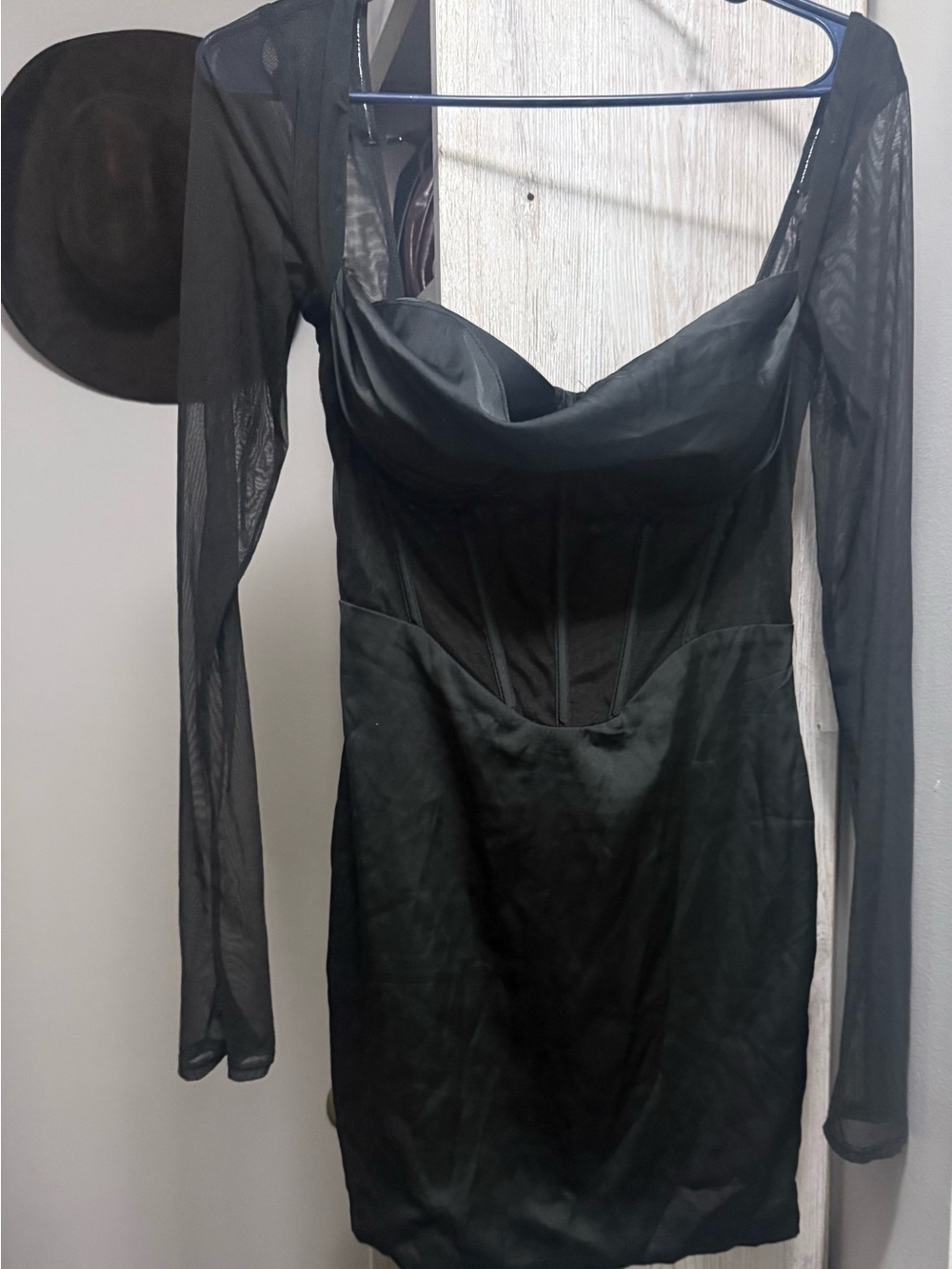 Sheer Sleeve Black Corset Mini Dress